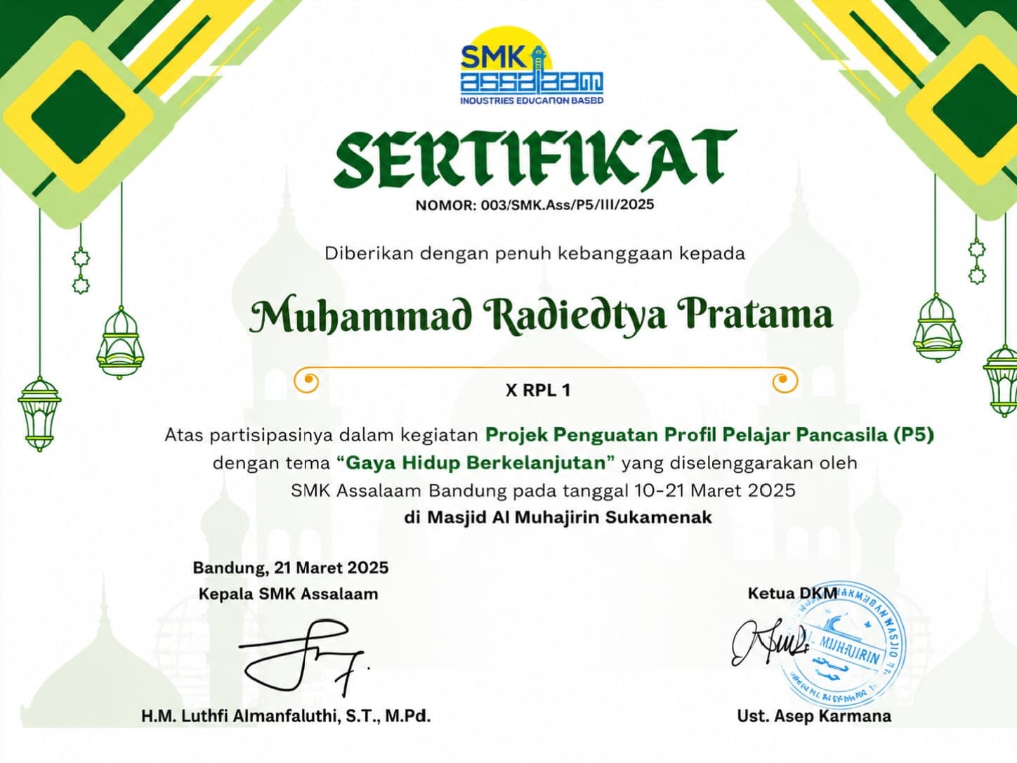 Sertifikat Ujian Akhir Kompetensi Keahlian P5, issued by SMK Assalaam Bandung