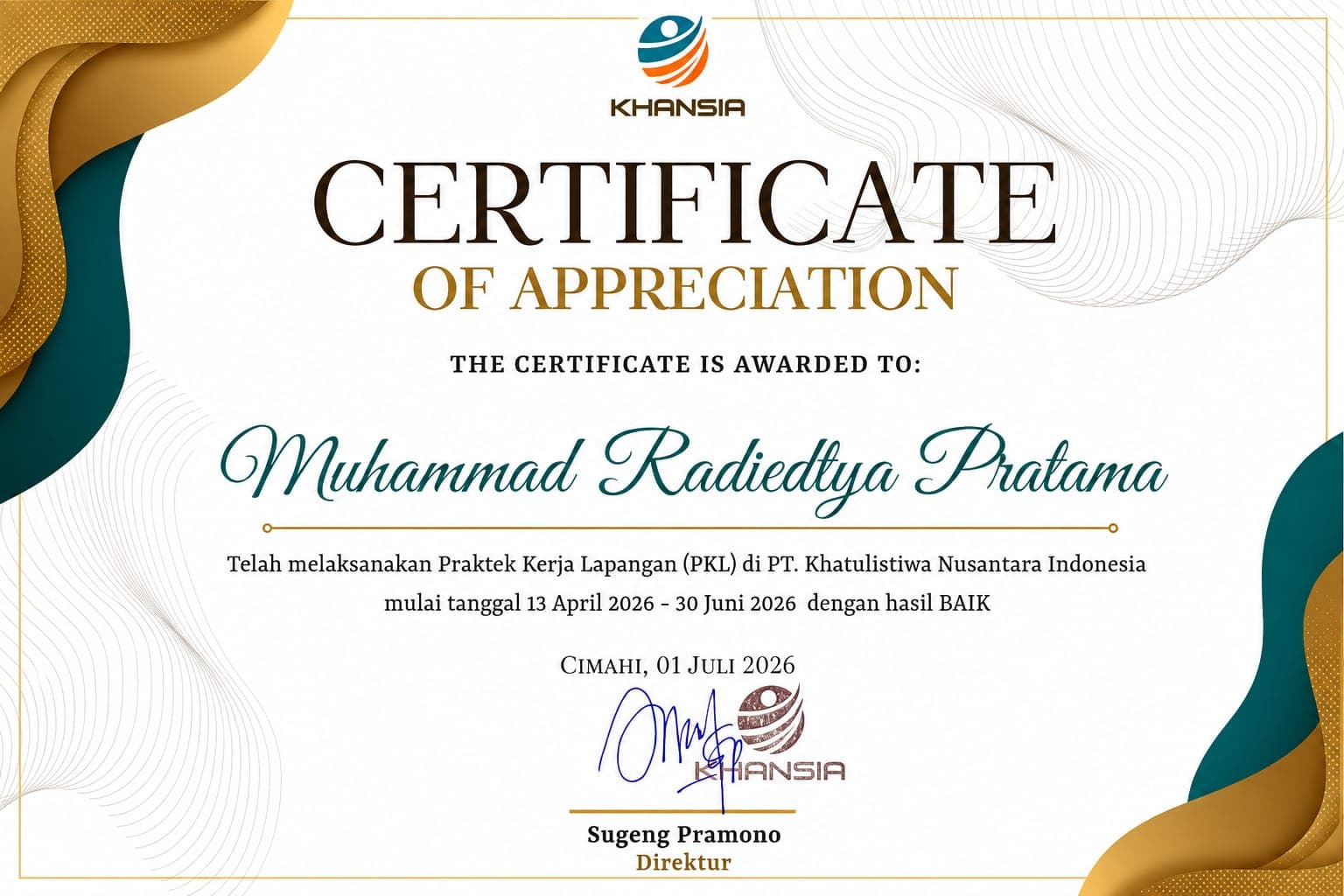 Sertifikat Magang Kerja Lapangan PT. Khansia, issued by PT. Khansia